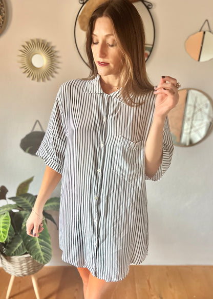 1970's vintage semi sheer grey and white stripe blouse