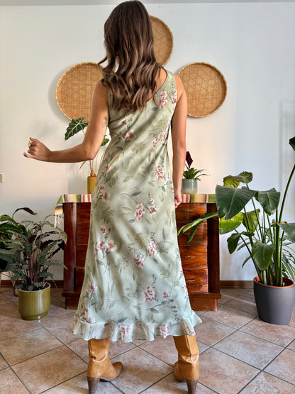 1990's vintage green maxi slip dress pink floral print