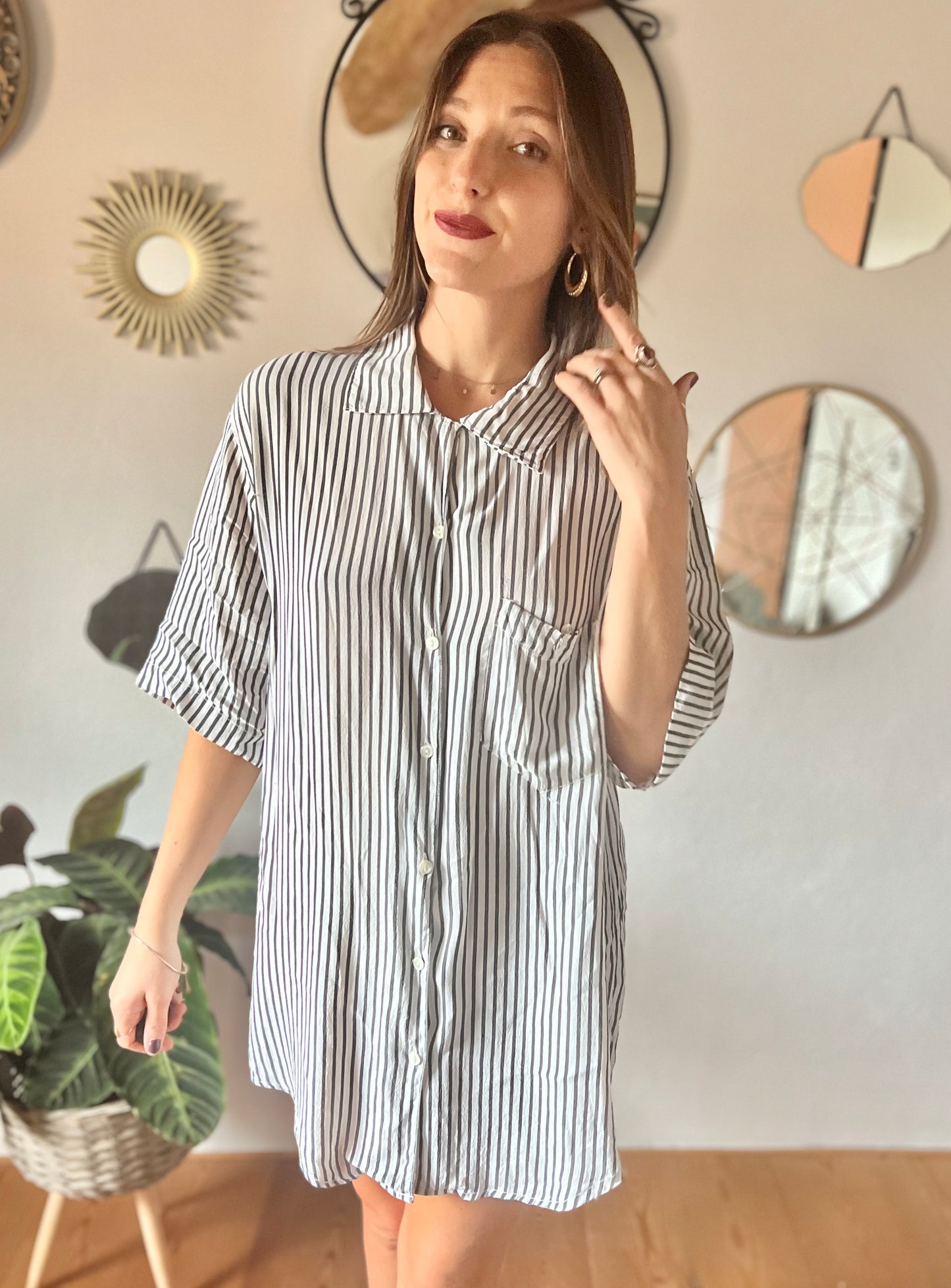 1970's vintage semi sheer grey and white stripe blouse