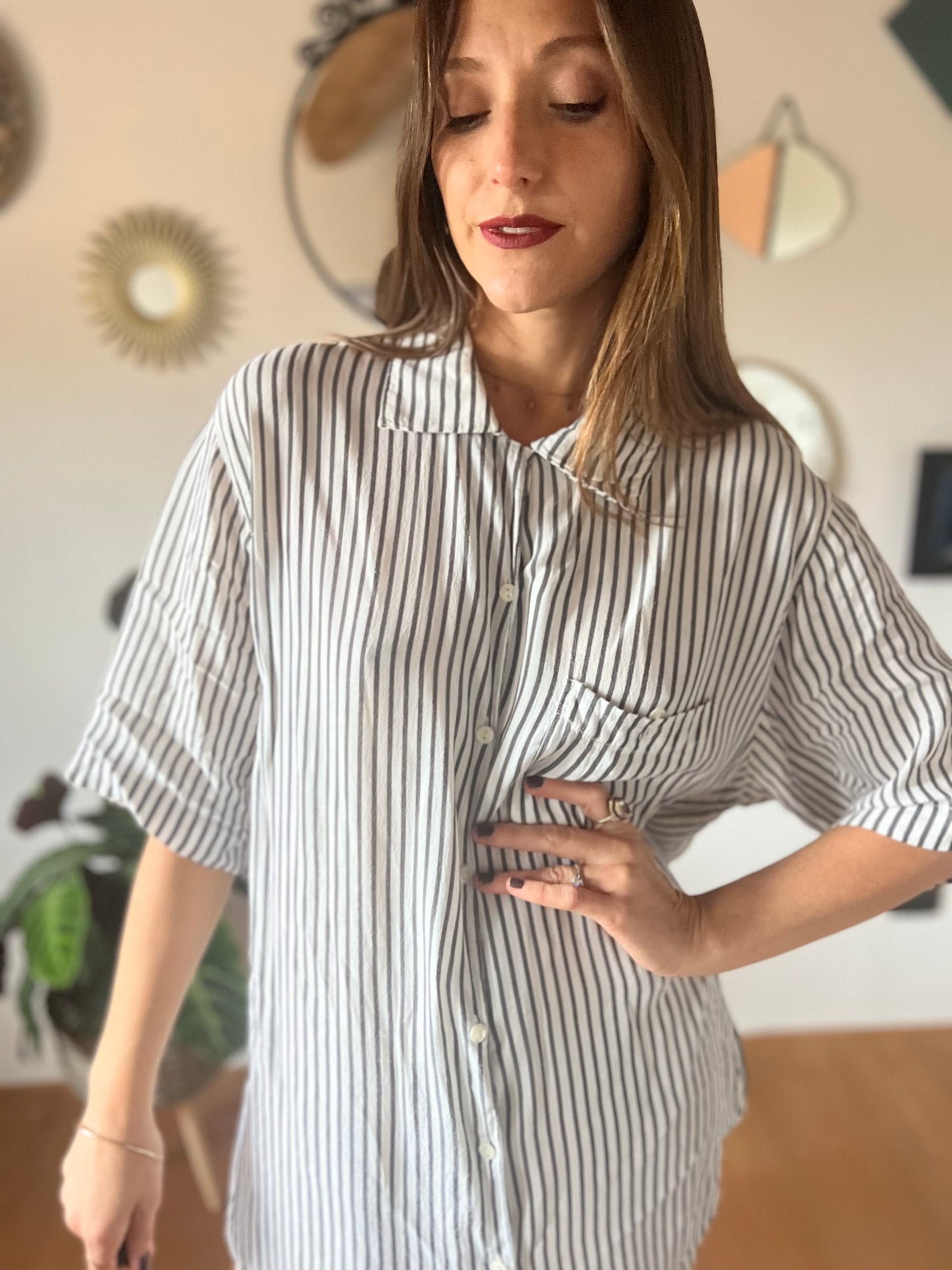 1970's vintage semi sheer grey and white stripe blouse