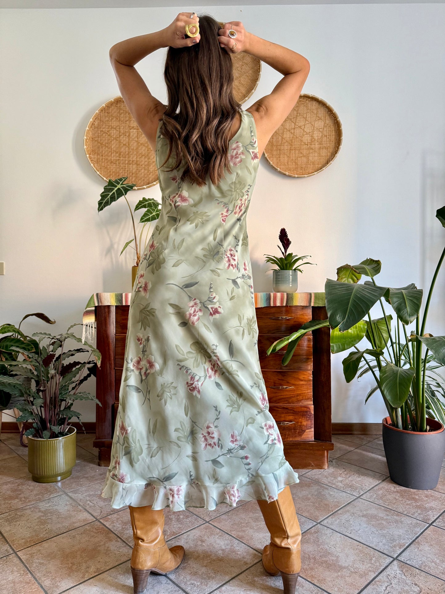 1990's vintage green maxi slip dress pink floral print