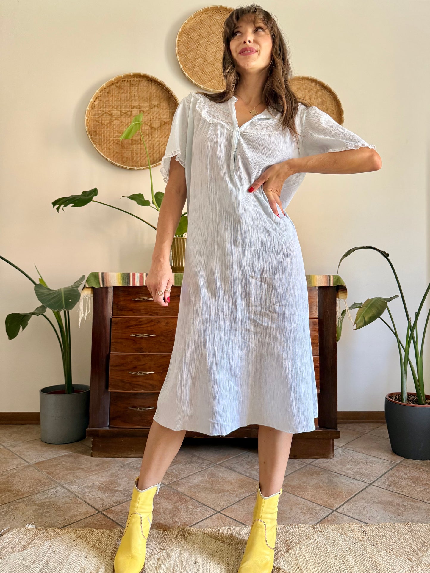 1960's vintage powder blue set sheer textured cotton midi dress with polkadot and floral embroidery