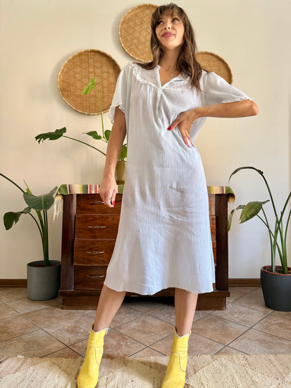 1960's vintage powder blue set sheer textured cotton midi dress with polkadot and floral embroidery