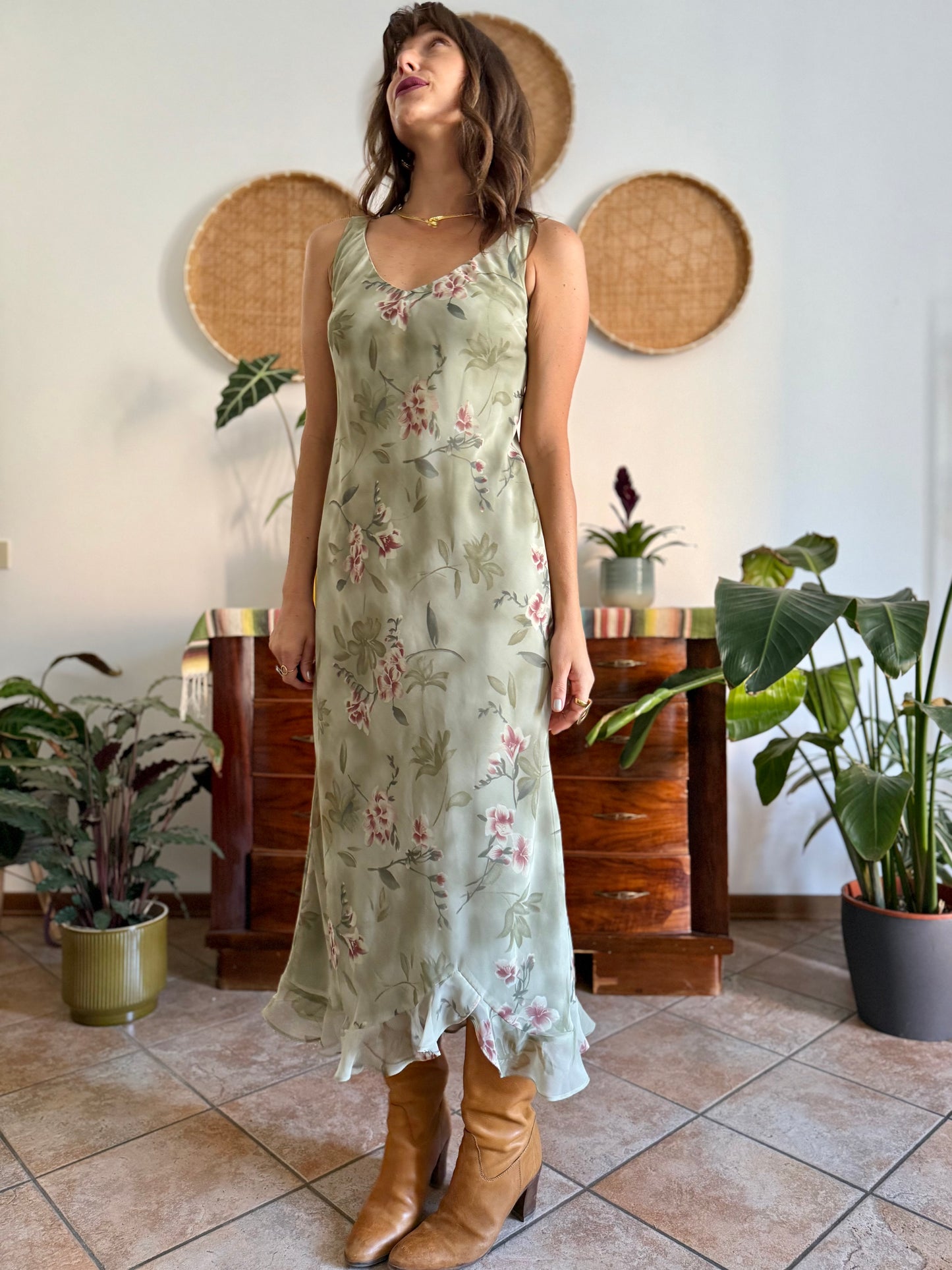 1990's vintage green maxi slip dress pink floral print