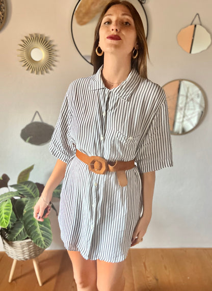 1970's vintage semi sheer grey and white stripe blouse