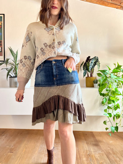 Y2K vintage corduroy and denim skirt with floral embroidery