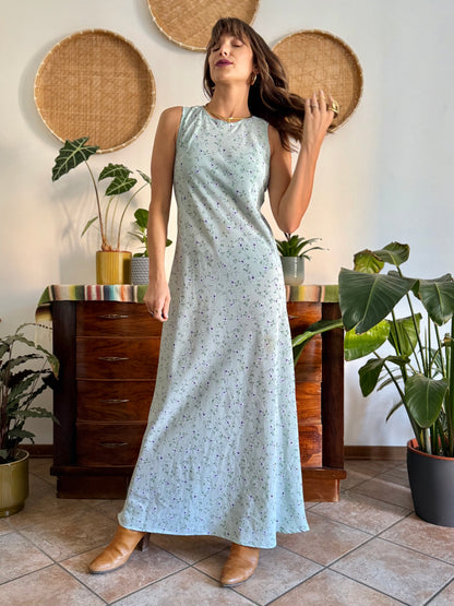 1990's vintage mint green maxi dress with blue and cream floral print