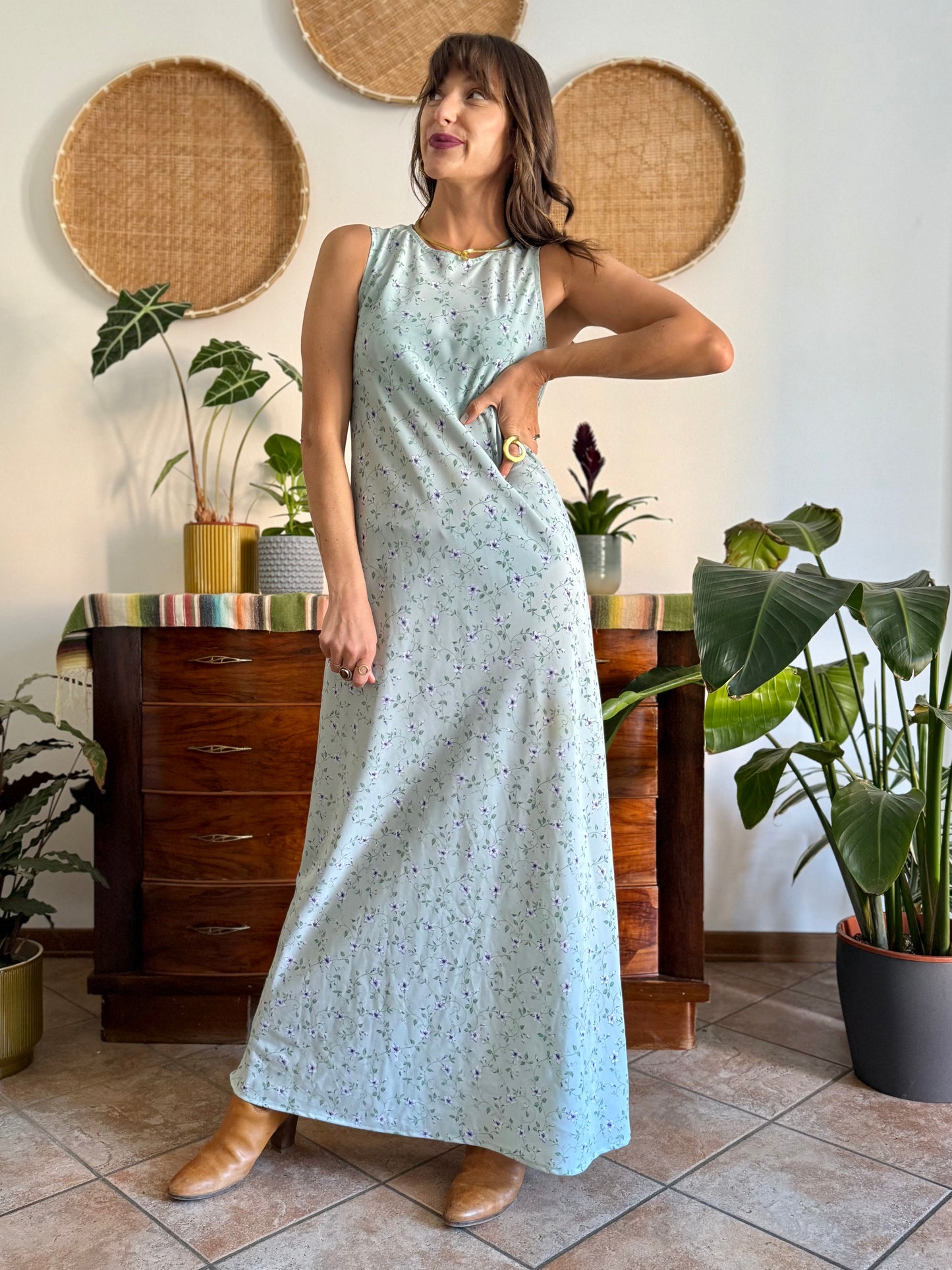 1990's vintage mint green maxi dress with blue and cream floral print