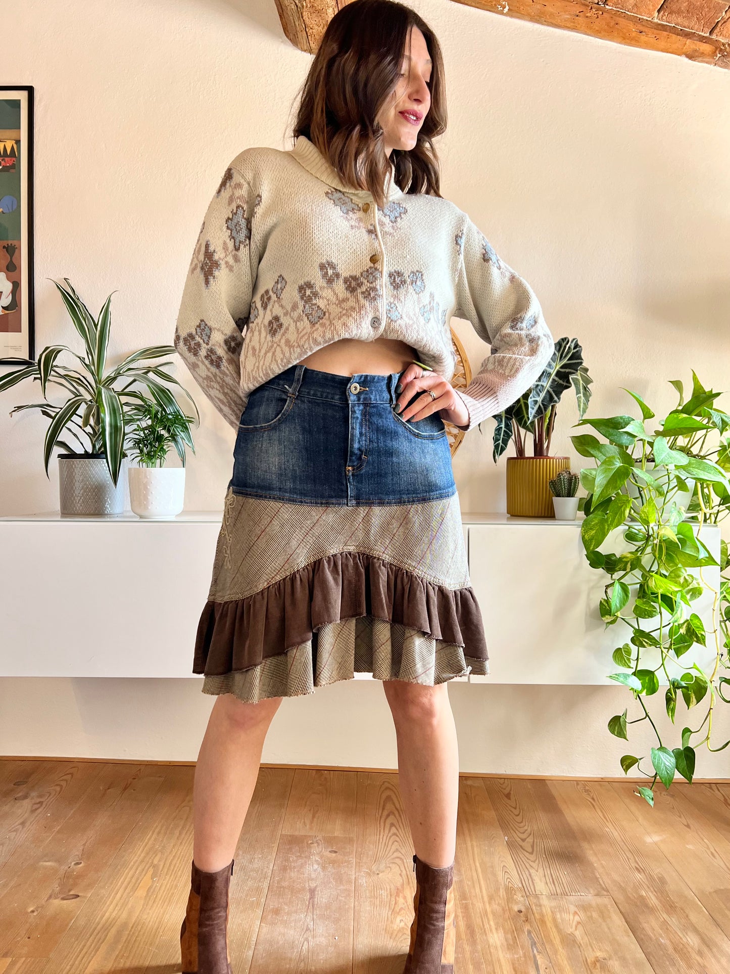 Y2K vintage corduroy and denim skirt with floral embroidery