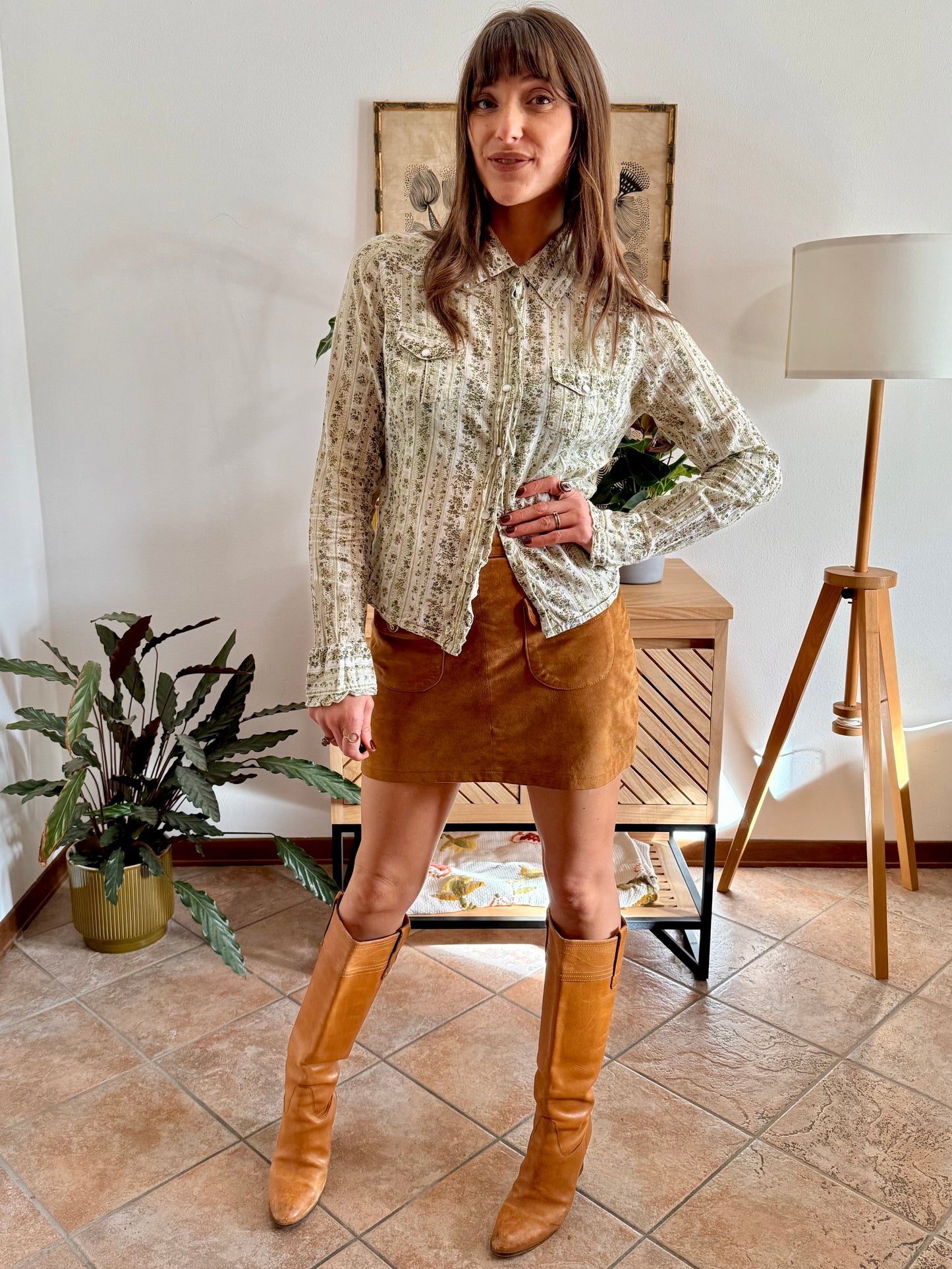 1990's vintage cream, mint and green floral print pearl snap western shirt