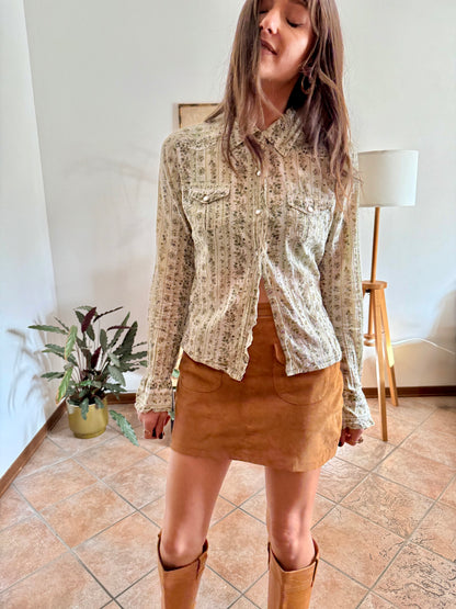 1990's vintage cream, mint and green floral print pearl snap western shirt