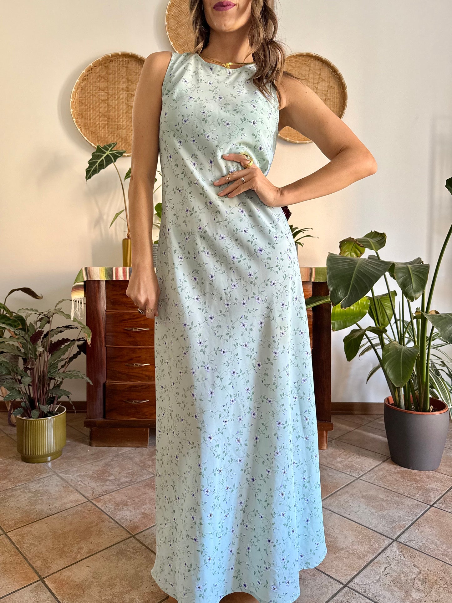 1990's vintage mint green maxi dress with blue and cream floral print