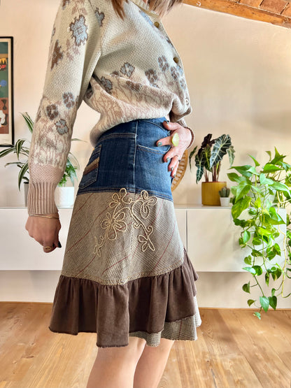 Y2K vintage corduroy and denim skirt with floral embroidery