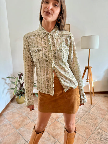 1990's vintage cream, mint and green floral print pearl snap western shirt