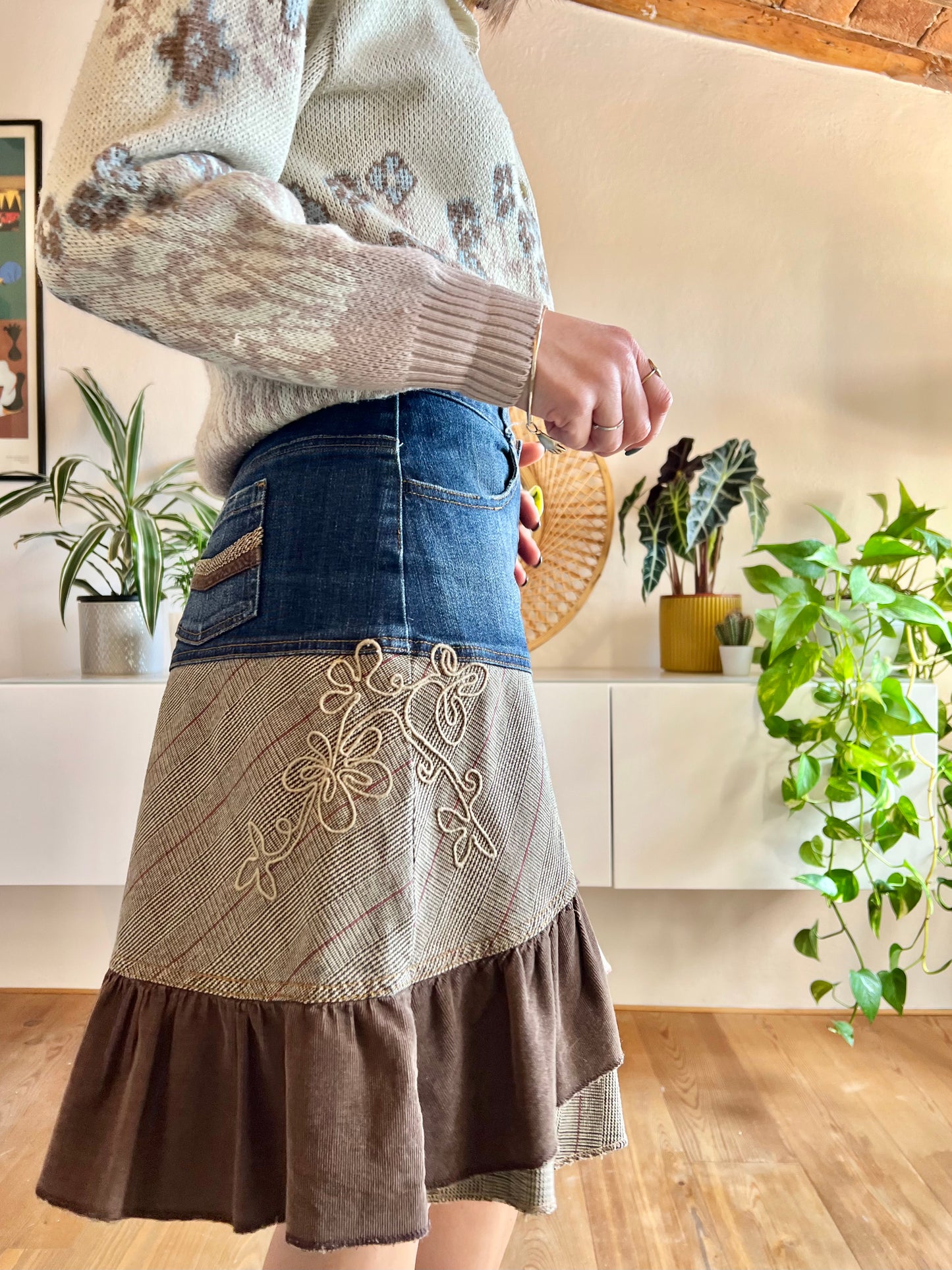 Y2K vintage corduroy and denim skirt with floral embroidery