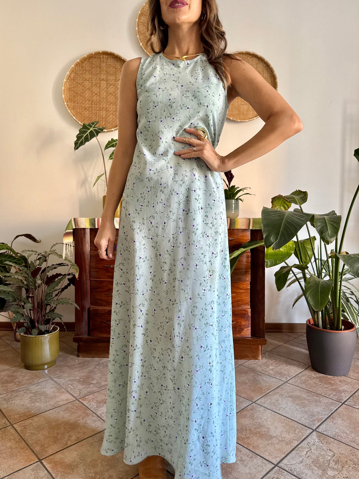 1990's vintage mint green maxi dress with blue and cream floral print