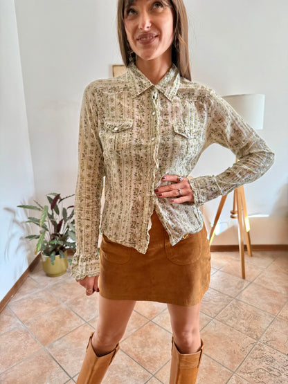 1990's vintage cream, mint and green floral print pearl snap western shirt