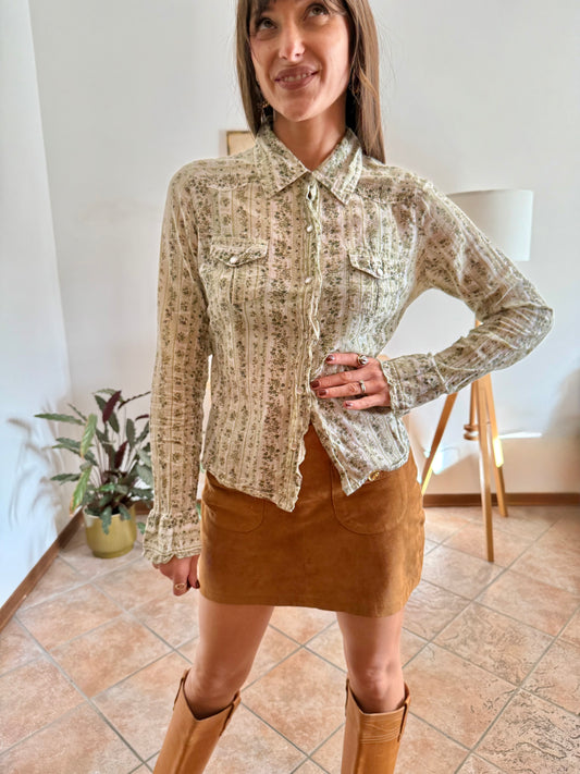 1990's vintage cream, mint and green floral print pearl snap western shirt