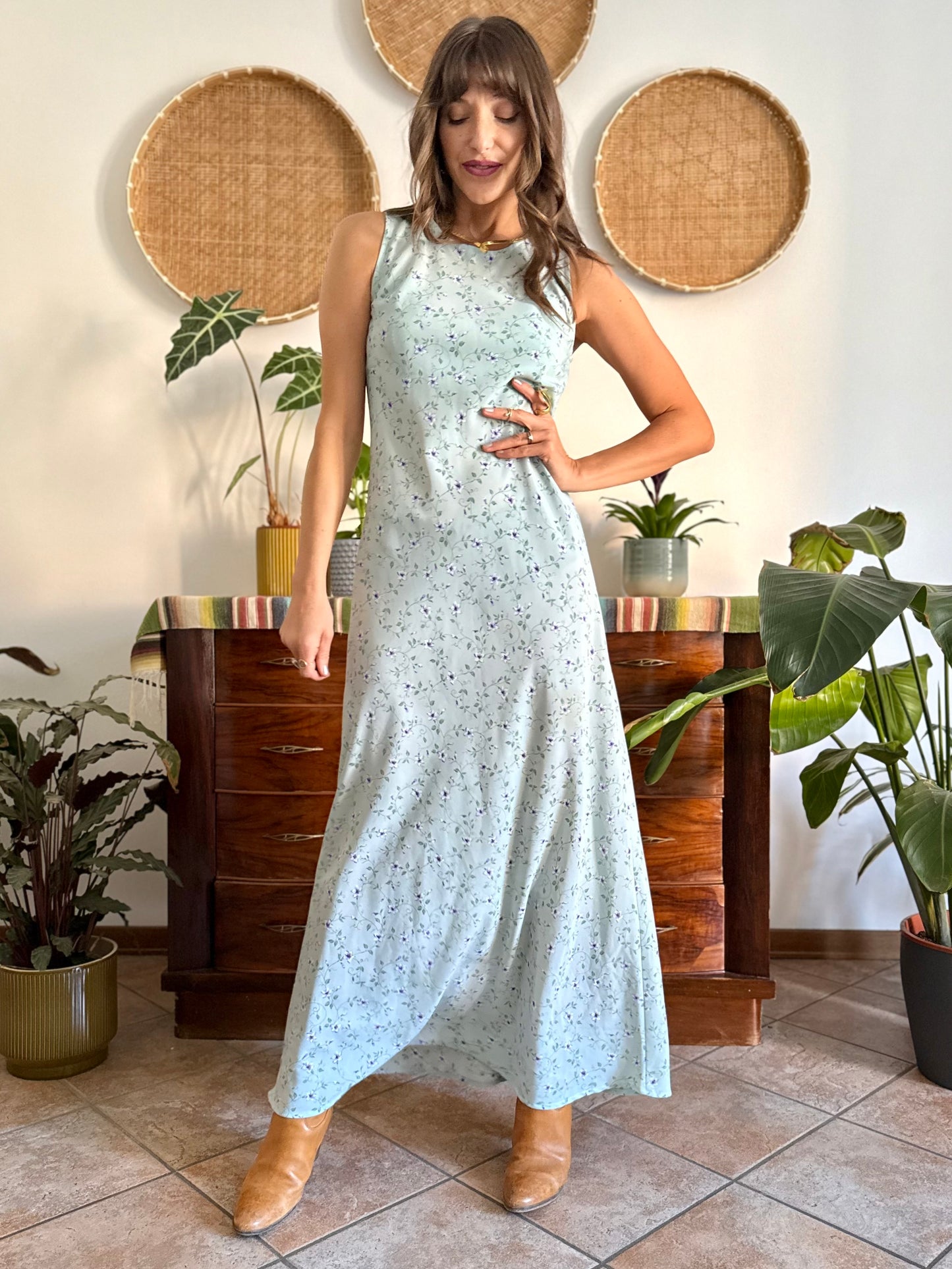 1990's vintage mint green maxi dress with blue and cream floral print