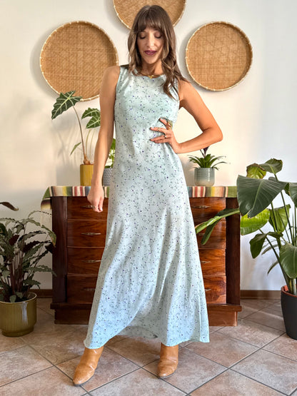 1990's vintage mint green maxi dress with blue and cream floral print