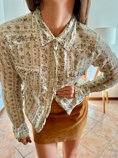 1990's vintage cream, mint and green floral print pearl snap western shirt