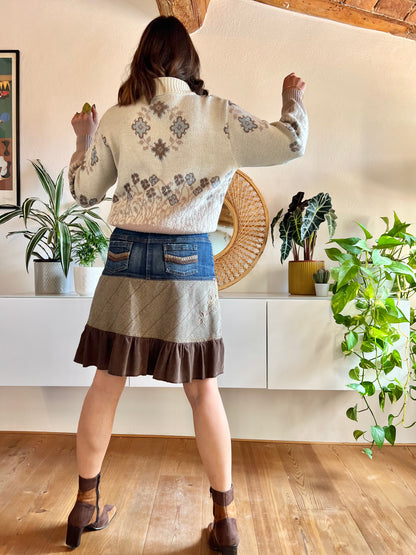 Y2K vintage corduroy and denim skirt with floral embroidery