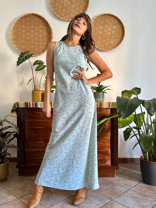 1990's vintage mint green maxi dress with blue and cream floral print