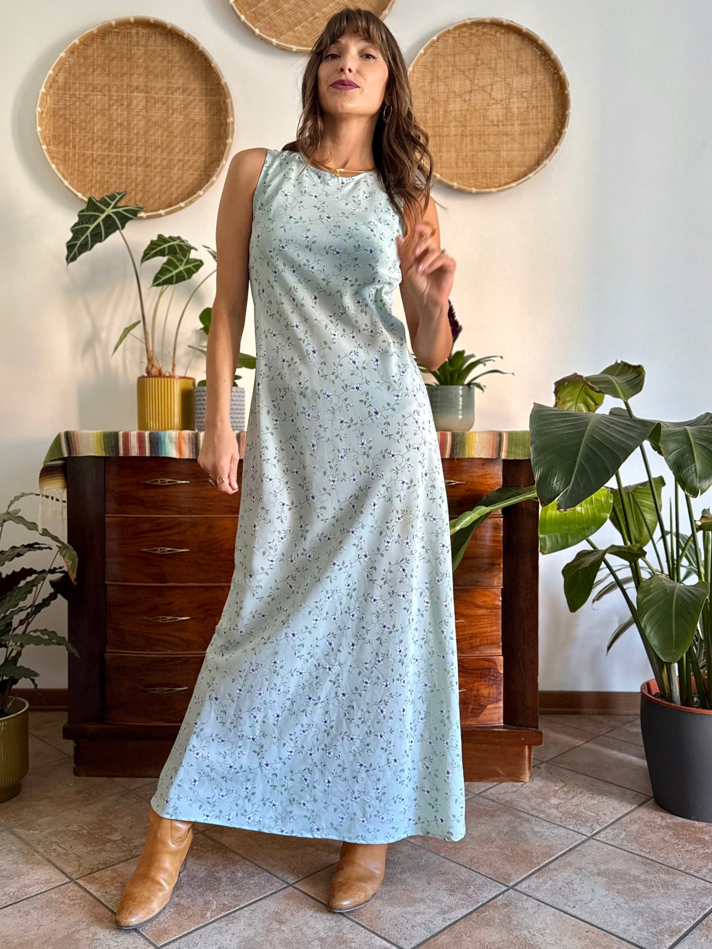 1990's vintage mint green maxi dress with blue and cream floral print