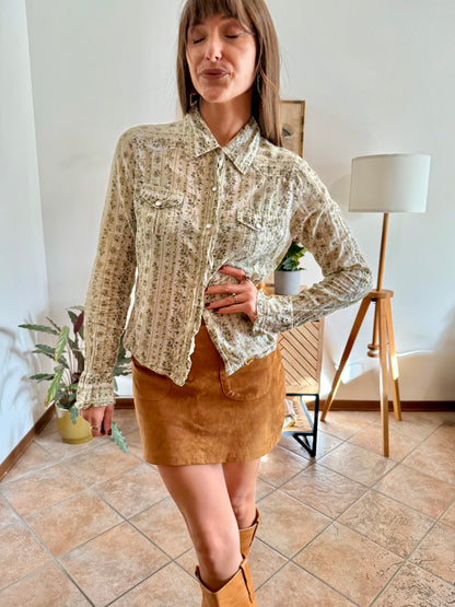 1990's vintage cream, mint and green floral print pearl snap western shirt