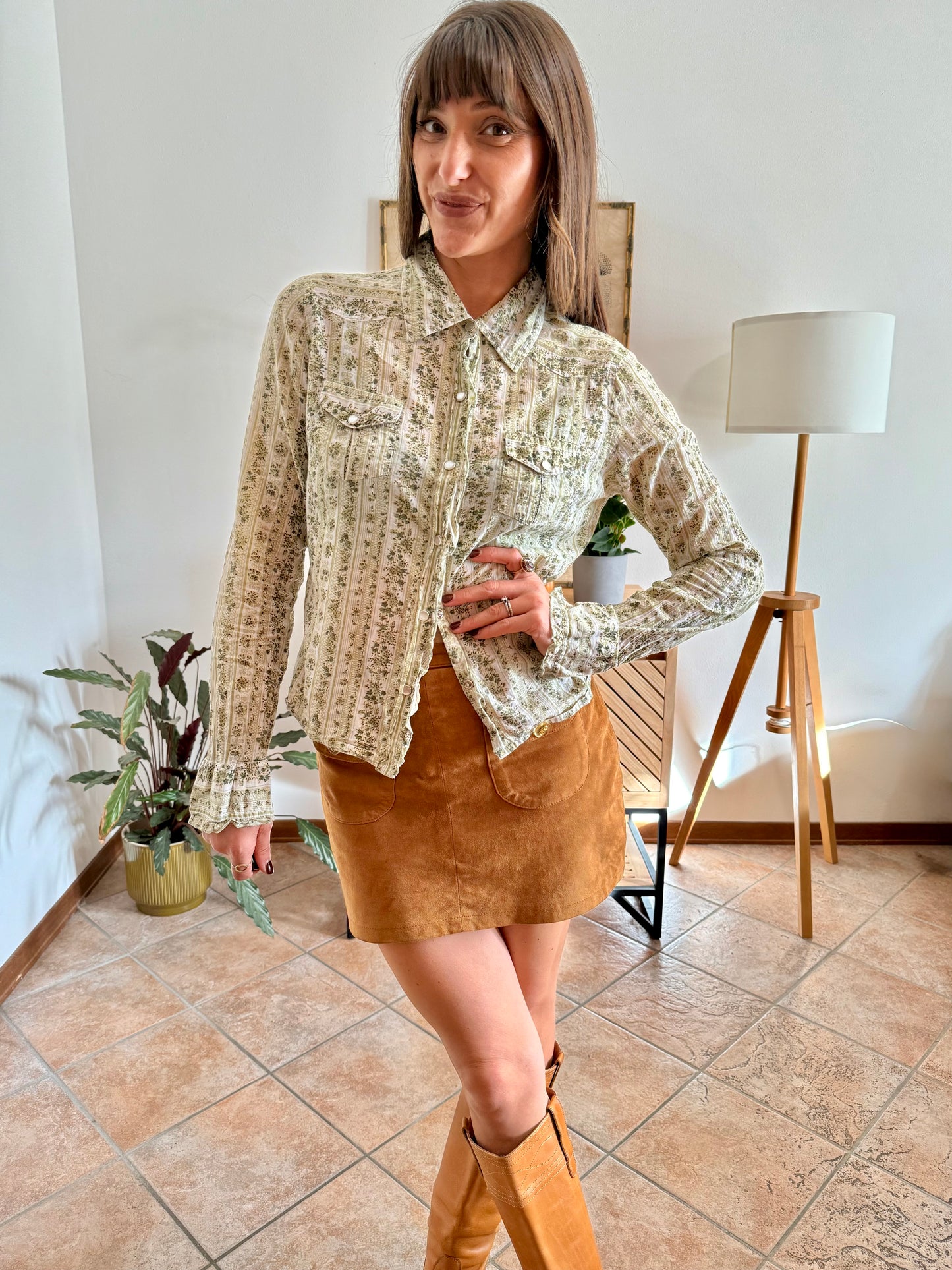 1990's vintage cream, mint and green floral print pearl snap western shirt