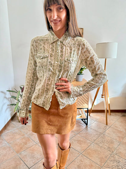 1990's vintage cream, mint and green floral print pearl snap western shirt