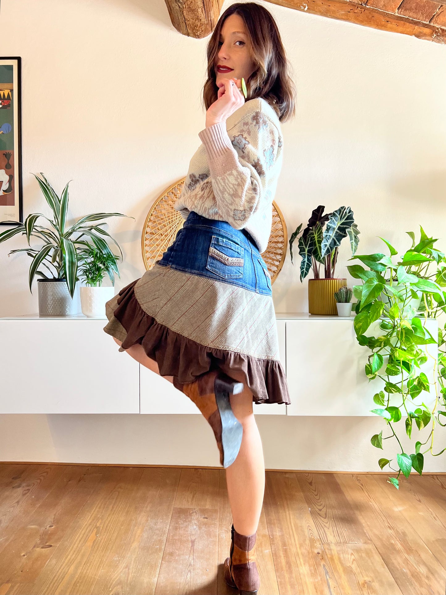 Y2K vintage corduroy and denim skirt with floral embroidery