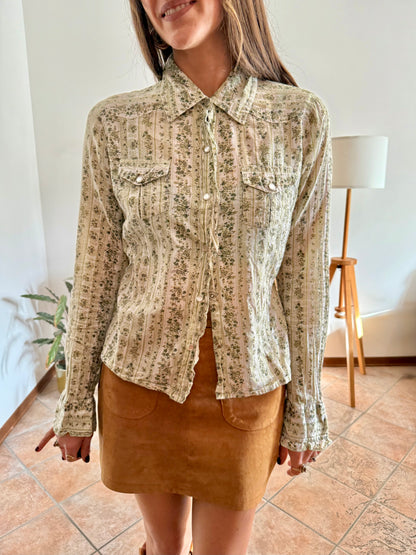 1990's vintage cream, mint and green floral print pearl snap western shirt