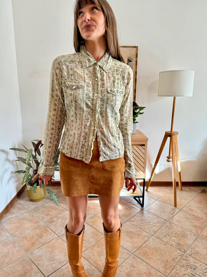 1990's vintage cream, mint and green floral print pearl snap western shirt