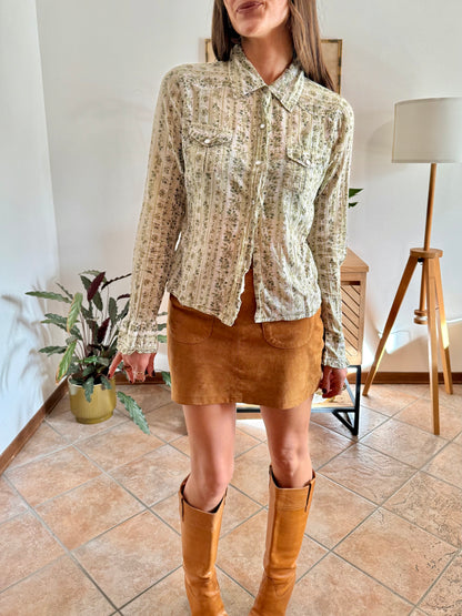 1990's vintage cream, mint and green floral print pearl snap western shirt