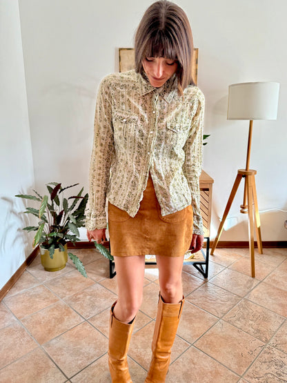 1990's vintage cream, mint and green floral print pearl snap western shirt