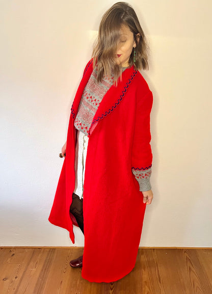 1970's vintage red house coat with navy scallop trim