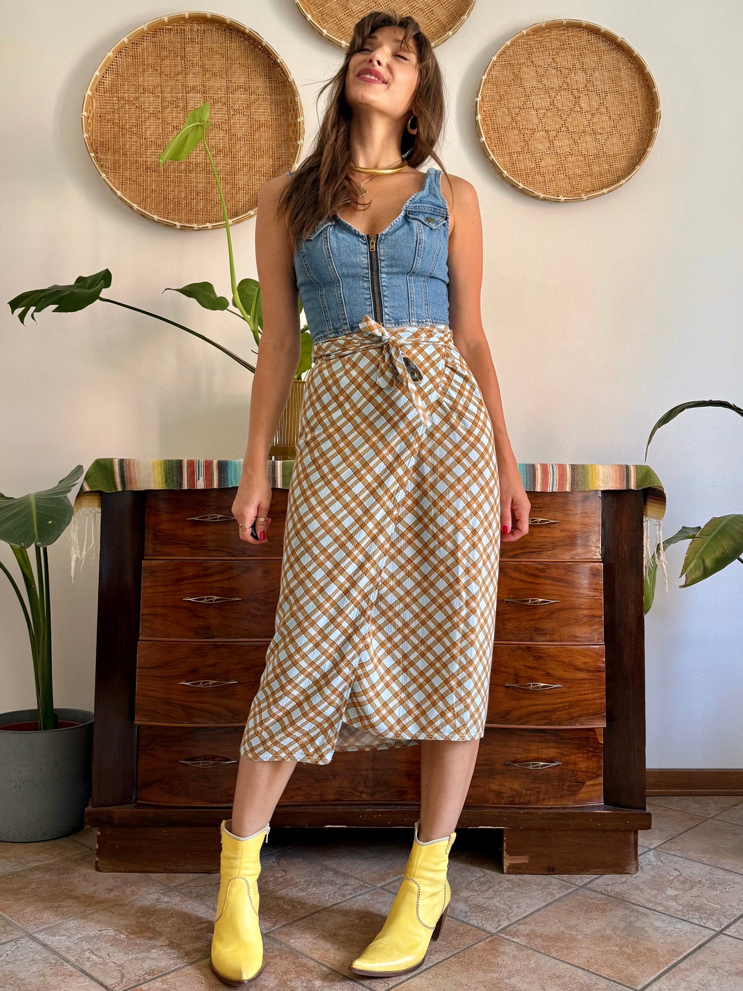 1990's vintage powder blue and brown plaid wrap skirt