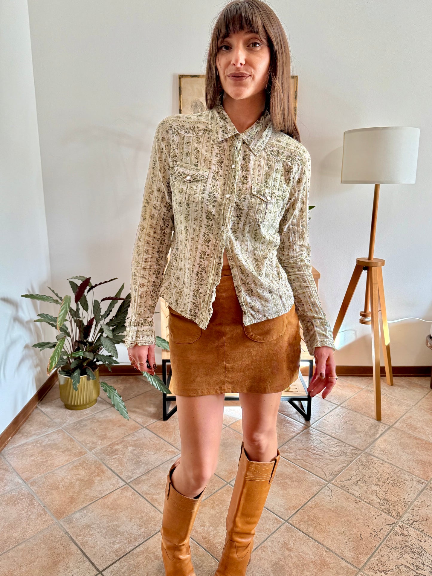 1990's vintage cream, mint and green floral print pearl snap western shirt