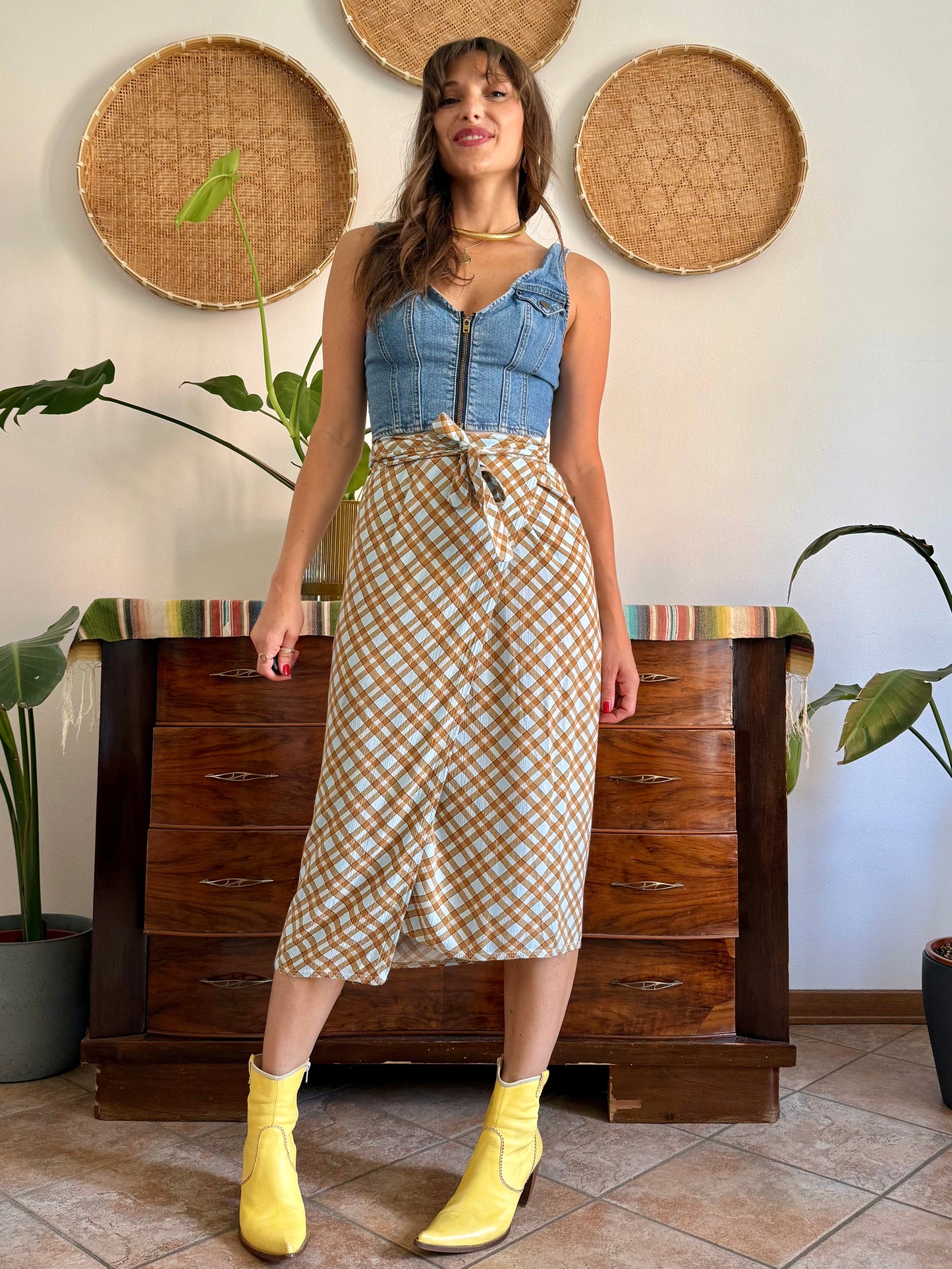 1990's vintage powder blue and brown plaid wrap skirt