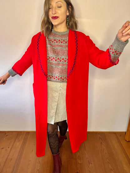 1970's vintage red house coat with navy scallop trim