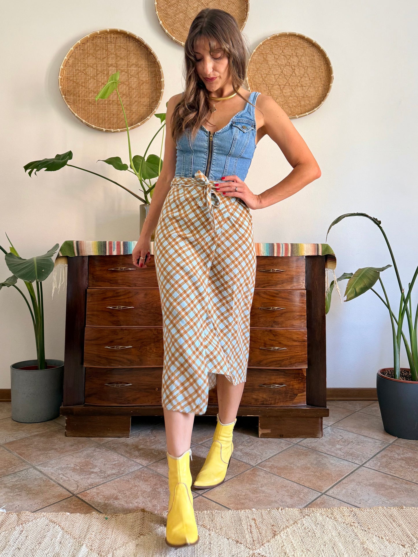 1990's vintage powder blue and brown plaid wrap skirt