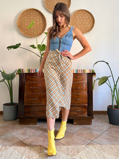 1990's vintage powder blue and brown plaid wrap skirt