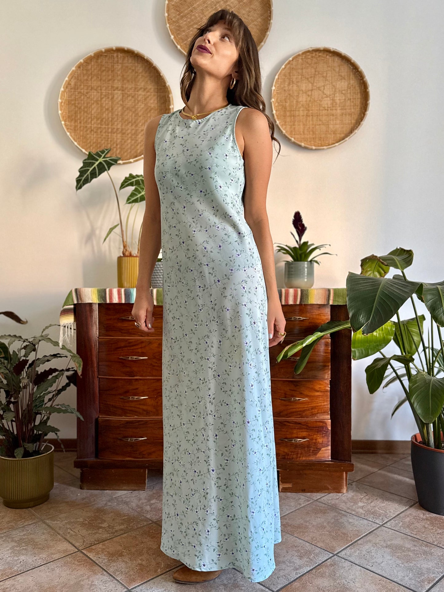 1990's vintage mint green maxi dress with blue and cream floral print