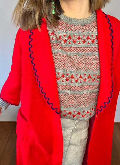 1970's vintage red house coat with navy scallop trim