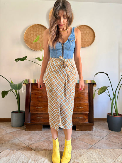 1990's vintage powder blue and brown plaid wrap skirt