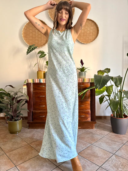 1990's vintage mint green maxi dress with blue and cream floral print