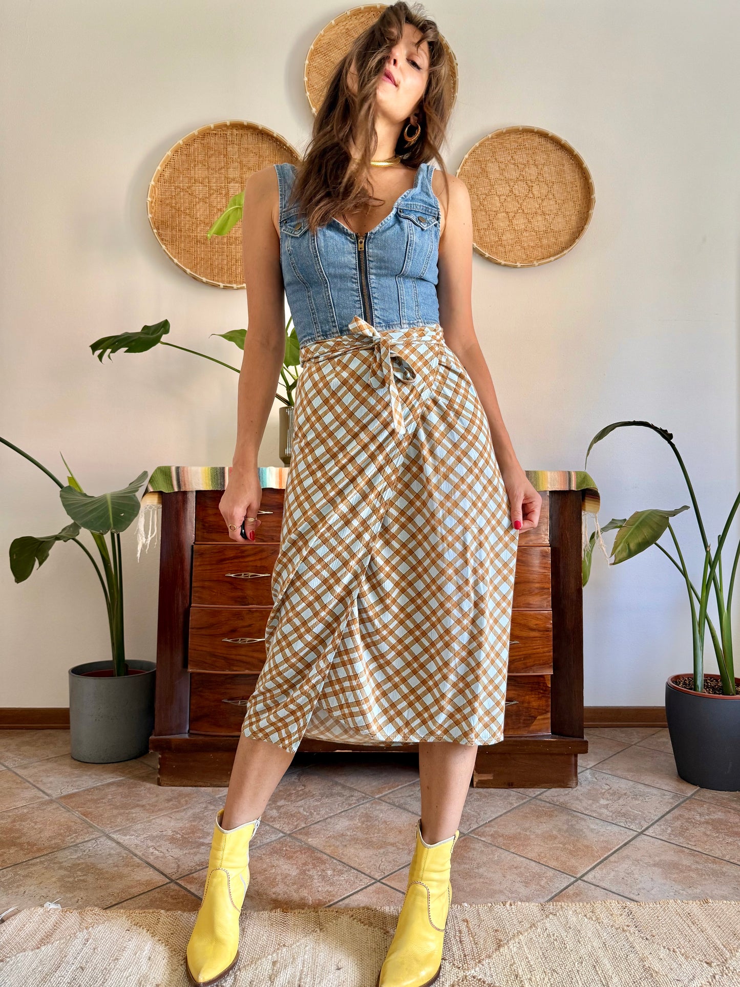 1990's vintage powder blue and brown plaid wrap skirt