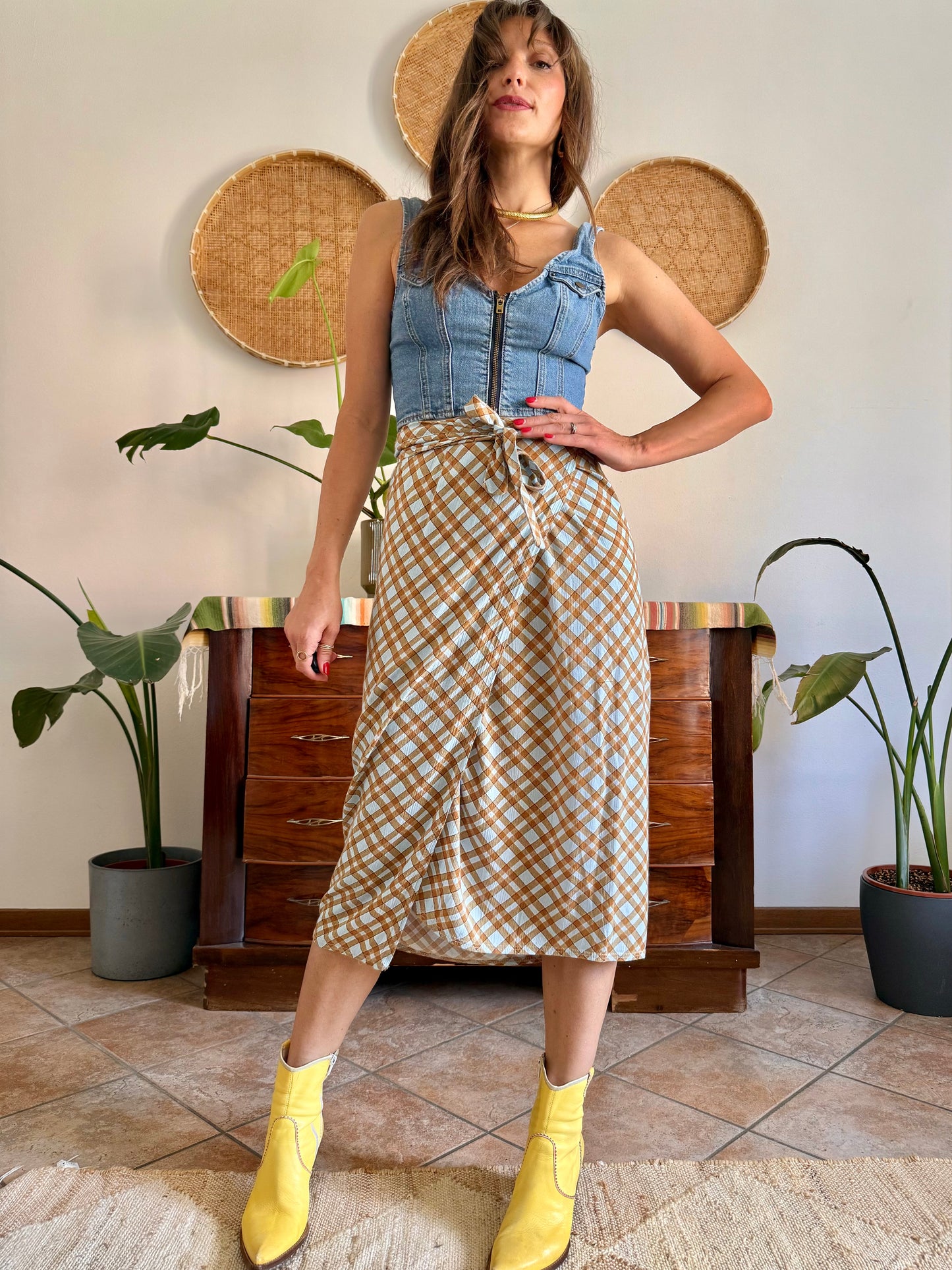 1990's vintage powder blue and brown plaid wrap skirt