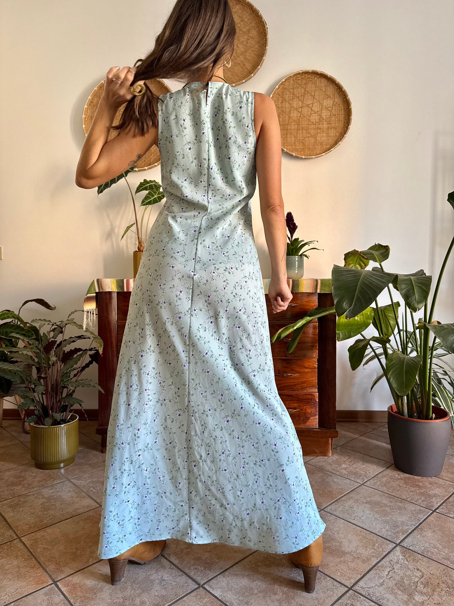 1990's vintage mint green maxi dress with blue and cream floral print